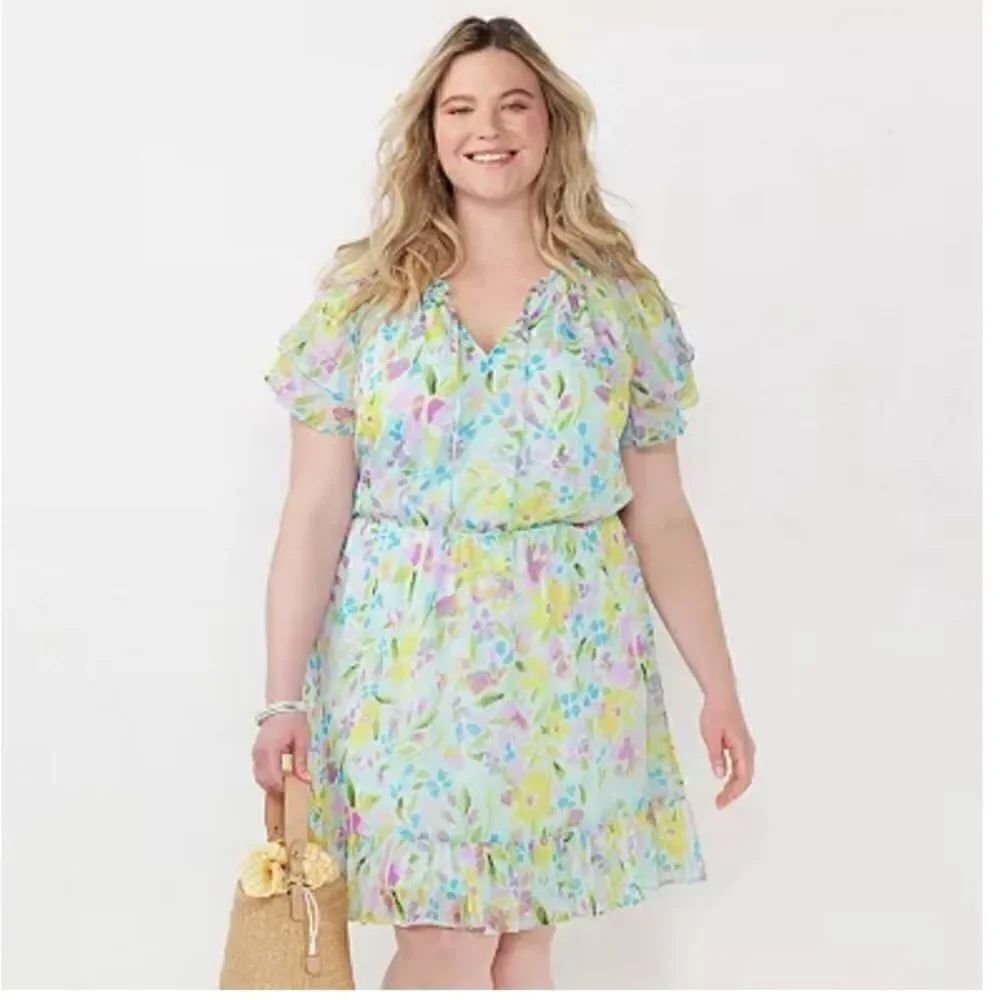 LC Lauren Conrad Ruffle Fit & Flare Dress Floral Size 1X